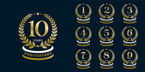 Set of vector icon or logo designs for 1st to 10th anniversary with laurel wreath, in gold color for celebrations, weddings and birthdays