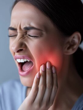 A young Caucasian woman with long brown hair is holding her jaw in pain. She has a distressed expression, indicating discomfort, with a soft light illuminating her face.