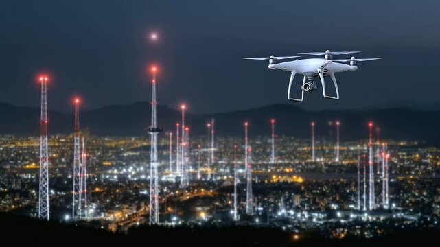 NATO drone flies over a cyber defense installation surrounded by satellite uplinks and data towers, its signal monitoring equipment active