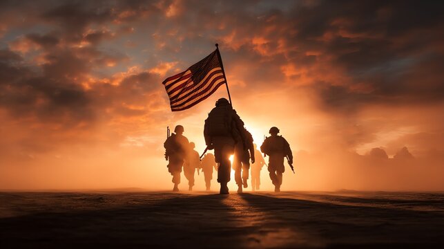 Soldiers Marching with American Flag at Sunset on Independence Day