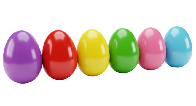 Eight perfectly formed, smooth easter eggs in vibrant blue, purple, red, orange, yellow, green, pink, light blue, glossy finish, precise row on a transparent isolated background with no shadows,