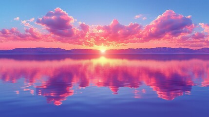 A beautiful sunset over a calm body of water with pink