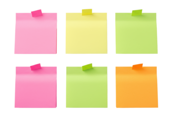 Five vibrant square sticky notes (pink, yellow, light blue, lime green, orange) with delicate curled corners, arranged flat lay on a transparent background with no shadows, high-key studio light,