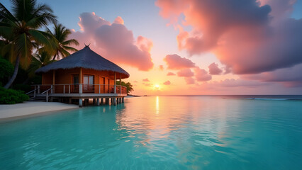Luxury tropical resort bungalows over the turquoise sea at sunset 