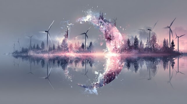 The visualization of wind turbines in a forest at sunrise embodies the concept of clean energy and low carbon power, supporting environmental protection and renewable energy campaigns