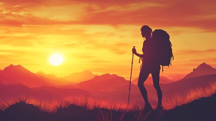 Backpacker at sunset, trekking pole.