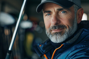 Intense gaze of a professional male golfer wearing a cap, focused and determined on the golf course, generative ai