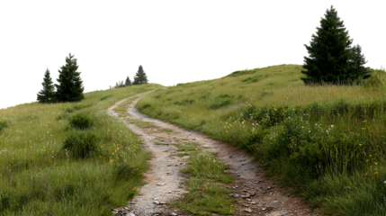 Country road winding through a green field
