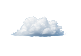 Fluffy white cumulus cloud with a soft blue base, rendered with clear contours, floating in isolation against an expansive transparent background, captured with studio lighting in 3/4 view. Concept of