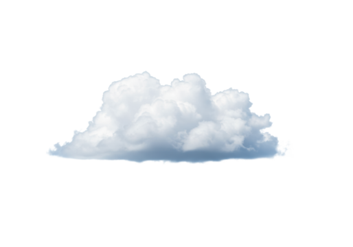 Fluffy white cumulus cloud with a soft blue base, rendered with clear contours, floating in isolation against an expansive transparent background, captured with studio lighting in 3/4 view. Concept of