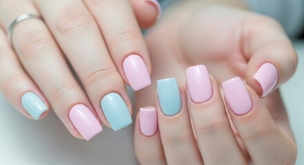 Manicured nails pastel pink and light blue