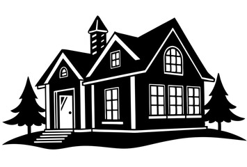 Silhouette Vector Art Illustration of Old-Fashioned House with Trees