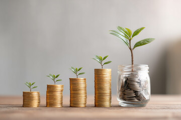 Golden coins stacked in ascending order beside a plant sprouting from a jar, representing economic growth and savings,