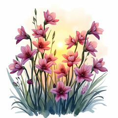 Delicate Pink Flowers Blooming at Sunrise Watercolor Illustration