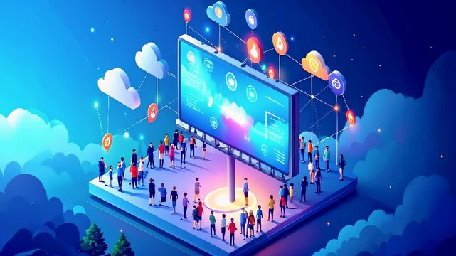 An isometric illustration of a smart floating billboard hovering in the sky connected to cloud services, displaying data to a diverse crowd below in a futuristic digital environment.