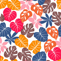 Abstract seamless tropical pattern with bright plants and leaves on a white background. Summer colorful hawaiian seamless pattern with tropical plants. Colorful stylish floral.
