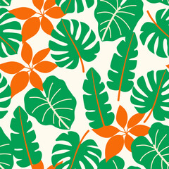 Abstract seamless tropical pattern with bright plants and leaves on a light background. Seamless exotic pattern with tropical plants. Beautiful print with hand drawn floral plants.