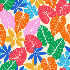 Abstract seamless tropical pattern with bright plants and leaves on a light yellow background. Jungle leaf seamless vector floral pattern background. Seamless botanical pattern with plants.
