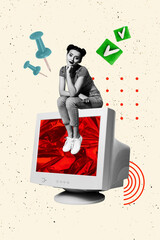 Trend artwork banner sketch collage of obsolete computer monitor young lady sit smile pin supplies...