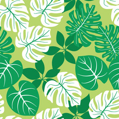 Abstract seamless tropical pattern with bright plants and leaves on a green background. Summer colorful hawaiian seamless pattern with tropical plants. Exotic tropics. Summer.