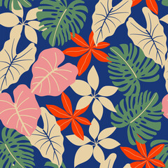 Abstract seamless tropical pattern with bright plants and leaves on dark blue background. Modern abstract design for fabric, paper, interior decor. Seamless exotic pattern with tropical plants.