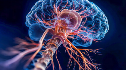 A vibrant stylized 3D model illustrates the elaborate network of brain nerves extending into cranial and spinal areas, showcasing the complexity of nervous regions and pathways