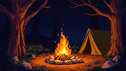 Pixel art forest campfire scene with leafless trees and a glowing flame in the center. A tent stands nearby, surrounded by darkness and branches. Stylized night landscape in a retro game aesthetic.
