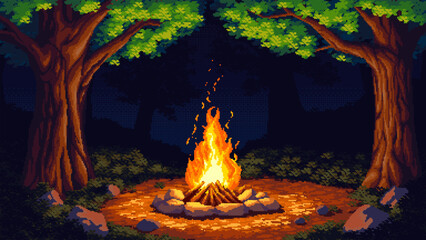 Pixel art scene of a night forest with a bright campfire. Stylized outdoor illustration with trees and glowing fire in the dark.