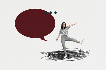 Banner image poster photo collage of happy girl guy stand communication icon phrase correspondence...