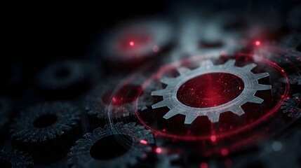 Rotating gears over a digital holographic interface representing business process automation