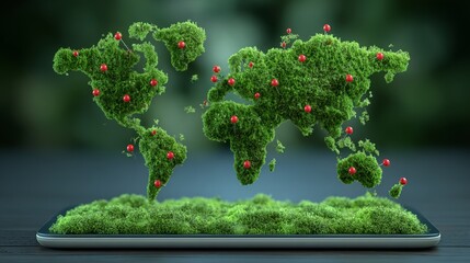 Location pins on a grass-made green world map, displayed on a digital tablet screen, indicate various environmental initiatives