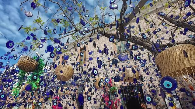 Evil eye beads hanging in cafes on Ayvalık's Cunda Island