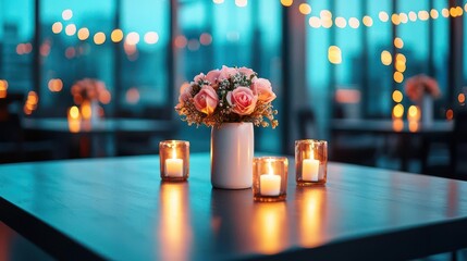 Intimate city wedding reception in a rooftop loft venue with modern minimalism and stylish neon accent lights