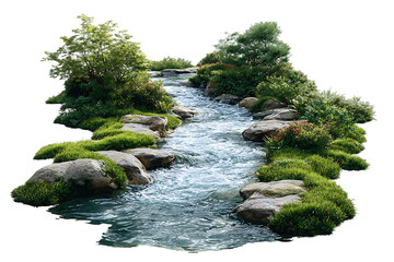 Serene stream flowing through lush greenery.