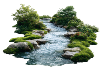 Serene stream flowing through lush greenery.