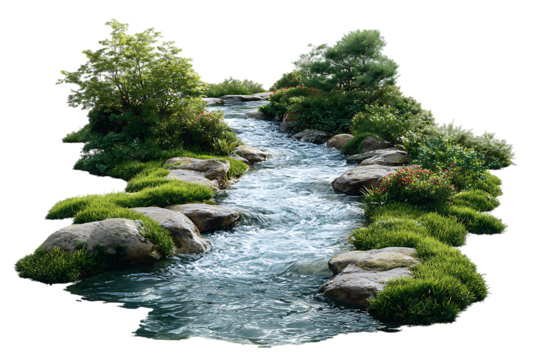 Serene stream flowing through lush greenery.