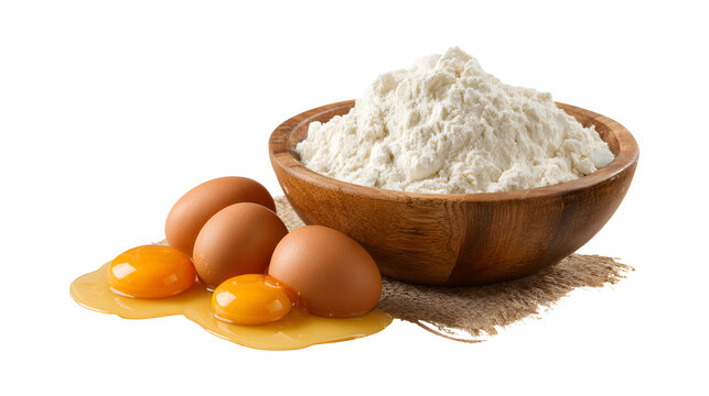 Bowl of flour and eggs isolated on a white background