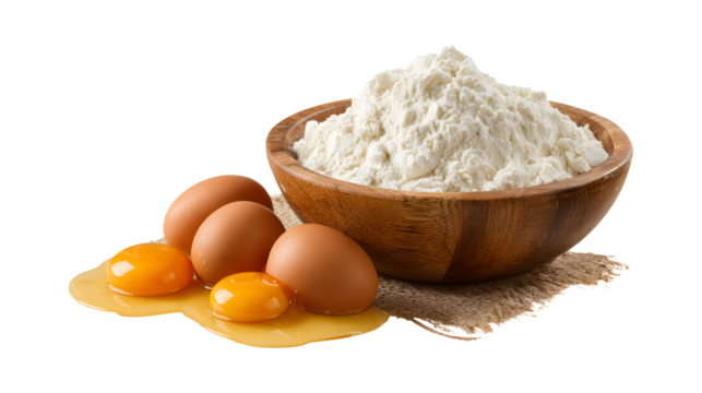 Bowl of flour and eggs isolated on a white background