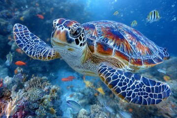 Obraz premium Elegant Sea Turtle Gliding Through Brilliant Ocean with Vivid Coral : Stock