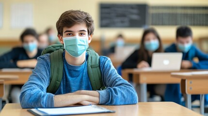 Masked student at college desk: coronavirus concept.