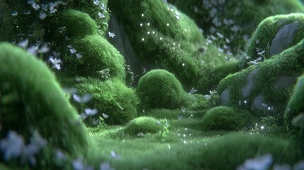 A peaceful nature background is created by a forest path that is illuminated by sunlight, has a moss-covered ground, and exudes serenity