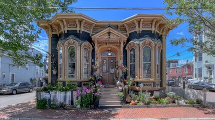 Fototapeta premium The quaint, tree-shaded streets of a classic Massachusetts coastal town neighborhood are lined with charming colonial-style homes that feature wooden clapboard siding and picket fences