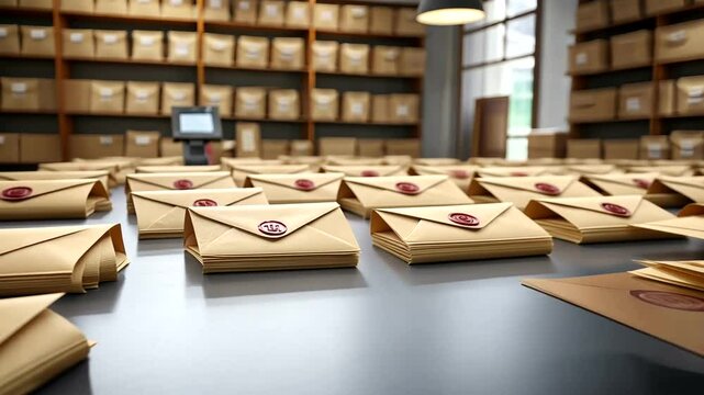 A busy postal office filled with neatly stacked envelopes ready for delivery, showcasing organized efficiency