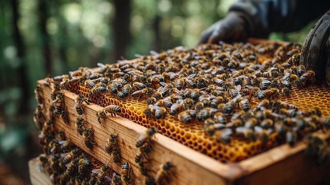 beekeeper inspecting honeycomb frame surrounded by bees in rural apiary setting, beekeeping and honey production concept - Powered by Adobe