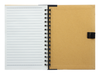 Top view of closed spiral blank craft paper back cover notebook on transparent background