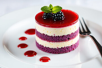Elegant Dessert Presentation A Layered Cake with Berries and Mint on a White Plate, Showcasing Culinary Artistry and Delicious Flavors in a Fine Dining Setting