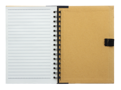 Top view of closed spiral blank craft paper back cover notebook on transparent background