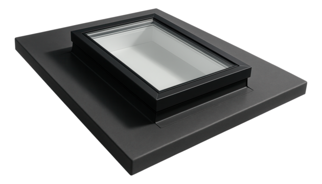 Flat roof with a skylight installation providing natural light into the attic space of a suburban home.