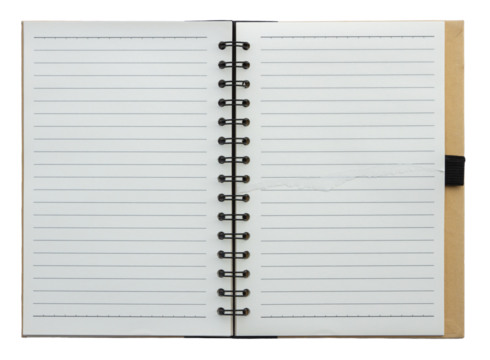blank open wide notebook and paper torn with line page isolated on transparent background