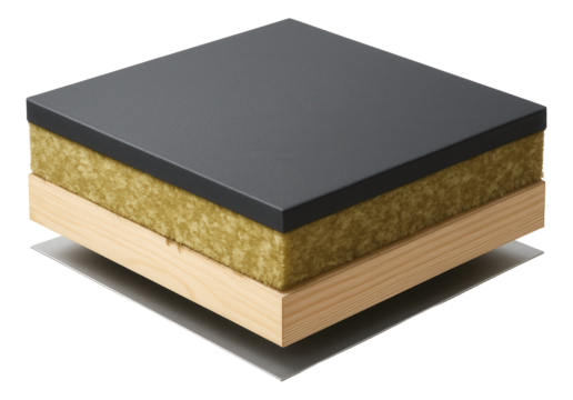 Flat roof with an acoustic insulation layer to reduce noise for a quiet home environment in a busy urban area.